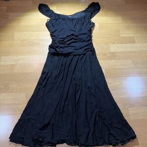 BCBG MAXAZARIA Black Semi Formal Midi Dress Sz M Pleated Ruffles Flowy Elegant